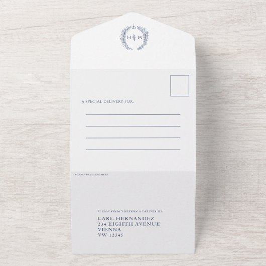 Bruiloft wit donkerblauw ovaal blad monogram all in one uitnodiging