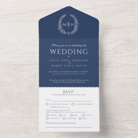 Bruiloft wit donkerblauw ovaal blad monogram all in one uitnodiging