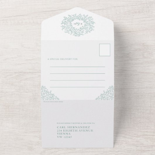 Bruiloft wit gedempt groen blad all in one uitnodiging (Buitenkant)