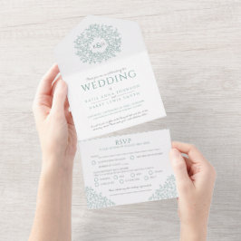 Bruiloft wit gedempt groen blad all in one uitnodiging