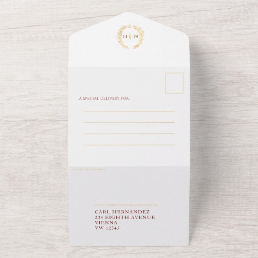 Bruiloft wit goud rood ovaal blad monogram all in one uitnodiging (Buitenkant)