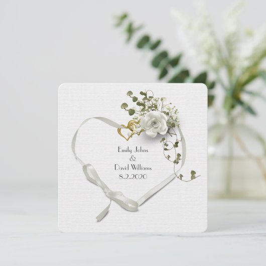 bruiloft, wit linthart en rozenbouquet kaart (Staand voorkant)