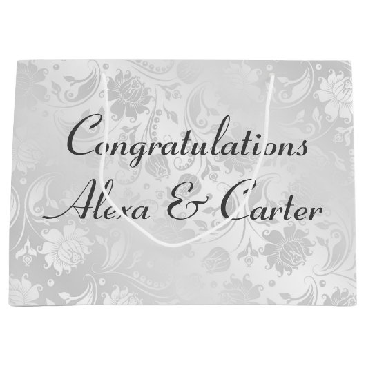 Bruiloft wit satijn damast met namen groot cadeauzakje (Voorkant)