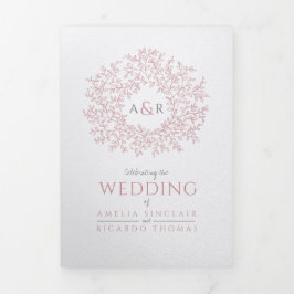 Bruiloft wit stoffige roze bladeren all-in-one drieluik uitnodiging
