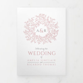 Bruiloft wit stoffige roze bladeren all-in-one drieluik uitnodiging