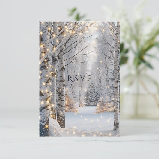 Bruiloft Witte Berken Sneeuwgele Lichten RSVP Kaartje (Staand voorkant)