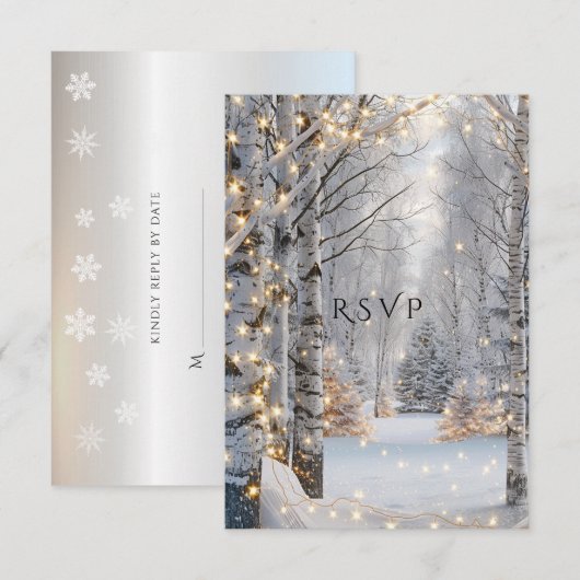 Bruiloft Witte Berken Sneeuwgele Lichten RSVP Kaartje (Voorkant / Achterkant)