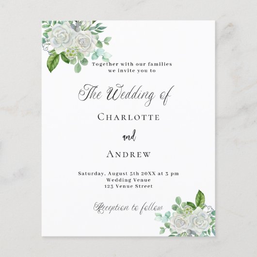 Bruiloft witte bloemen groen budget uitnodiging flyer (Voorkant)