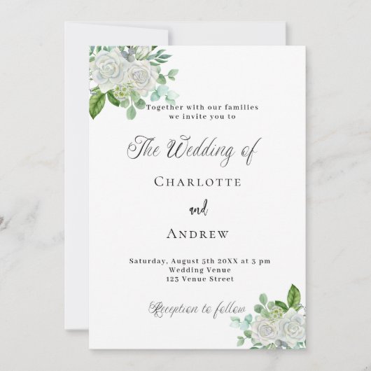 Bruiloft witte bloemen groen eenvoudig elegant kaart (Voorkant)