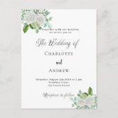 Bruiloft witte bloemen groen eenvoudig elegant uitnodiging briefkaart (Voorkant)