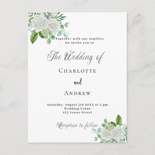 Bruiloft witte bloemen groen eenvoudig elegant uitnodiging briefkaart (Voorkant)