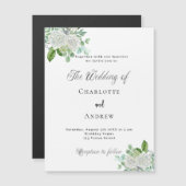 Bruiloft witte bloemen groen elegante luxe magnetische uitnodiging (Voorkant / Achterkant)