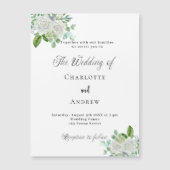 Bruiloft witte bloemen groen elegante luxe magnetische uitnodiging (Voorkant)