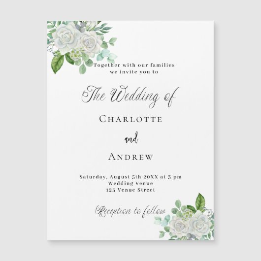 Bruiloft witte bloemen groen elegante luxe magnetische uitnodiging (Voorkant)