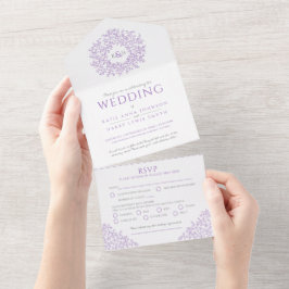 Bruiloft witte paarse bladeren met foto RSVP All In One Uitnodiging