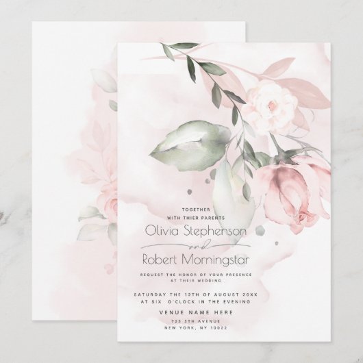 Bruiloft | Woodland Blush Pink Rose Invitation Kaart (Voorkant / Achterkant)