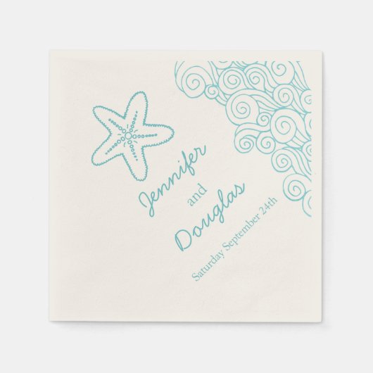 Bruiloft zee ster werveling aqua crème papier serv servetten (Voorkant)
