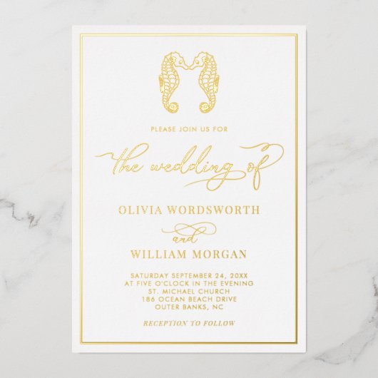 Bruiloft Zeepaardje Kuststrand Elegant Schrift  Folie Uitnodiging (Voorkant)