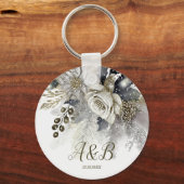 Bruiloft Zilver Gouden Witte Rozen Bloemen Sleutelhanger (Voorkant)