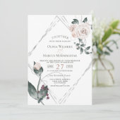 Bruiloft | Zilver Lijst Bleek Roze Waterverf Rozen Kaart (Staand voorkant)