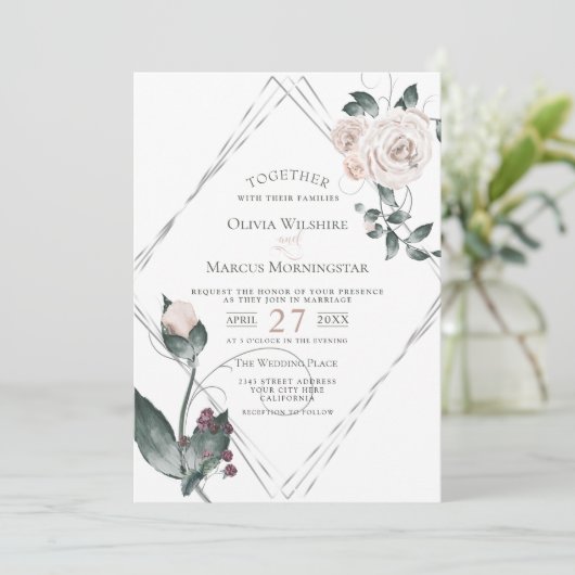 Bruiloft | Zilver Lijst Bleek Roze Waterverf Rozen Kaart (Staand voorkant)