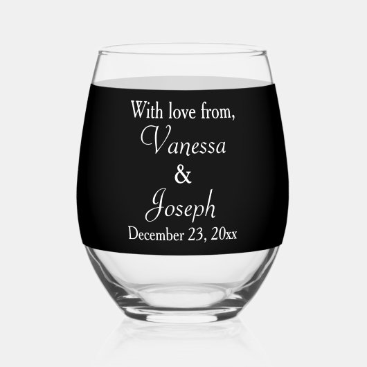 Bruiloft Zilver Monogram Zwart Wit Wijnglas Zonder Voet (Voorkant)