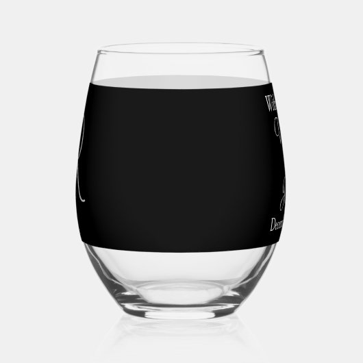 Bruiloft Zilver Monogram Zwart Wit Wijnglas Zonder Voet (Rechts)