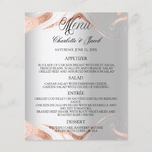 Bruiloft zilver roos goud marmer menu programma (Voorkant)