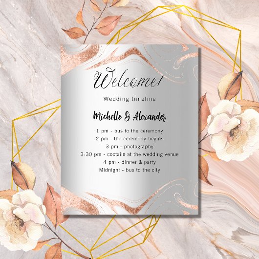 Bruiloft zilver roos gouden marmer programma tijdl