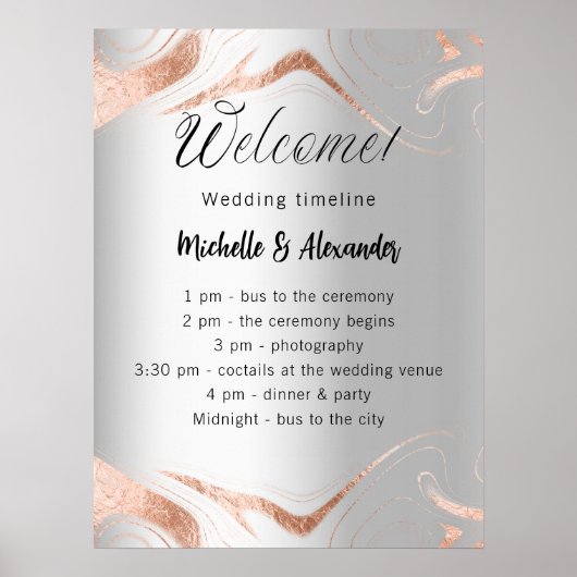 Bruiloft zilver roos gouden marmer programma tijdl poster (Voorkant)