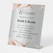 Bruiloft zilver roos gouden marmer programma tijdl reclamebord met voetstuk (Voorkant)