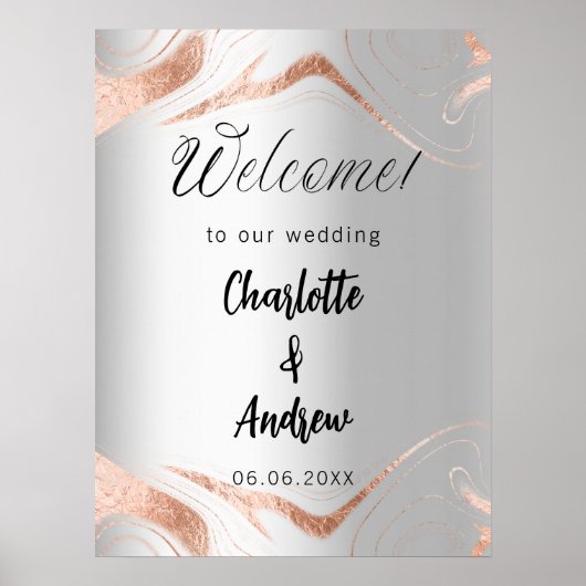 Bruiloft zilver roos gouden marmeren aderen welkom poster (Voorkant)