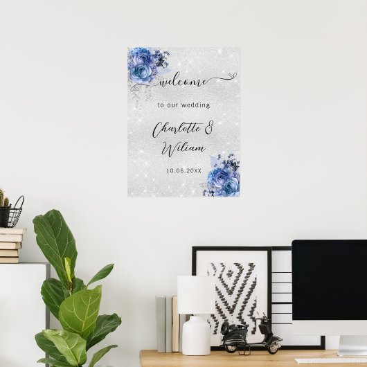 Bruiloft zilveren blauwe bloemen welkom poster (Thuiskantoor)