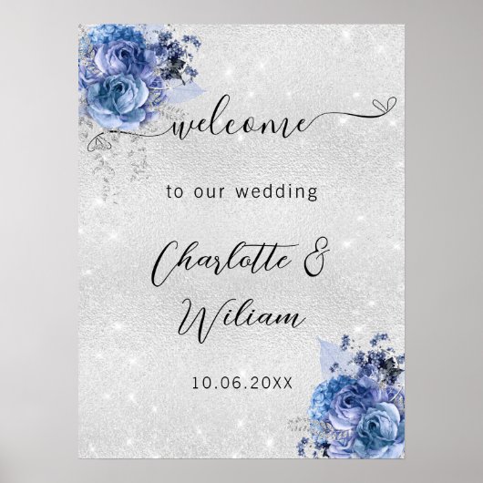 Bruiloft zilveren blauwe bloemen welkom poster (Voorkant)