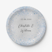 Bruiloft zilveren blauwe glinsteringen papieren bordje (Voorkant)