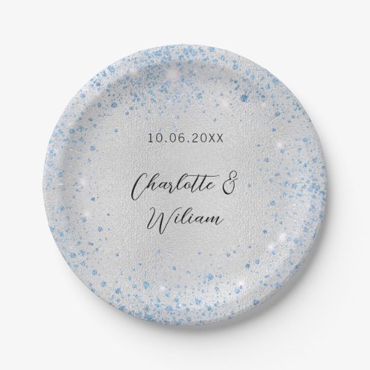 Bruiloft zilveren blauwe glinsteringen papieren bordje (Voorkant)