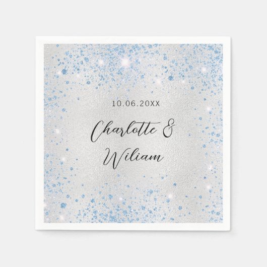 Bruiloft zilveren blauwe glinsteringen servet (Voorkant)