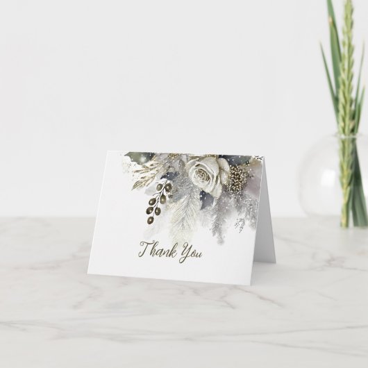 Bruiloft Zilveren Gouden Witte Rozen Bloemen Bedankkaart (Voorkant)