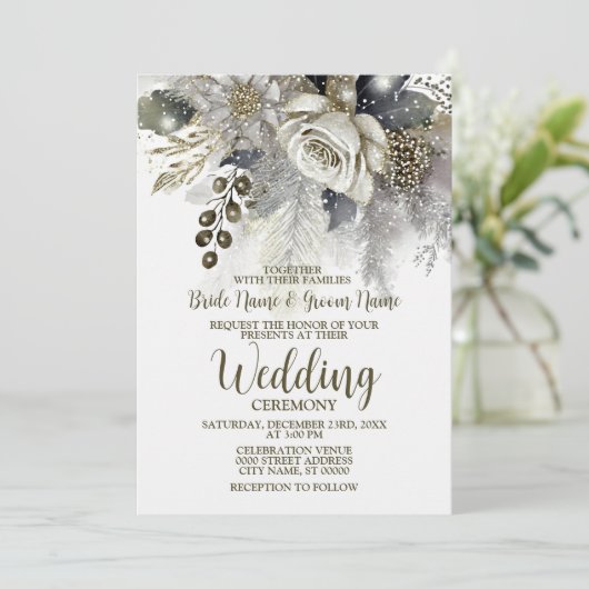 Bruiloft Zilveren Gouden Witte Rozen Bloemen Kaart (Staand voorkant)