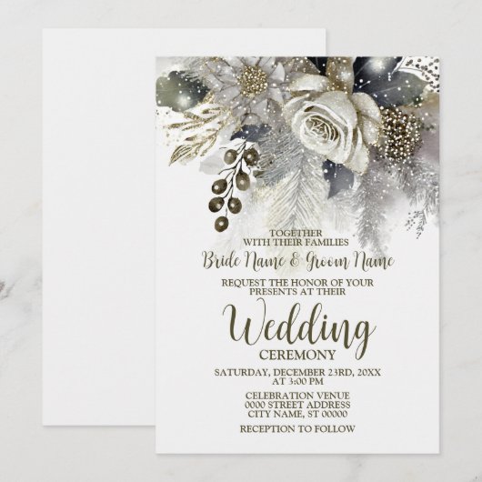 Bruiloft Zilveren Gouden Witte Rozen Bloemen Kaart (Voorkant / Achterkant)