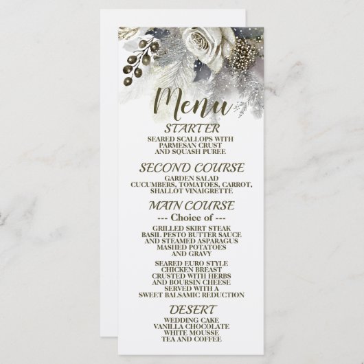Bruiloft Zilveren Gouden Witte Rozen Bloemen Menu (Voorkant / Achterkant)