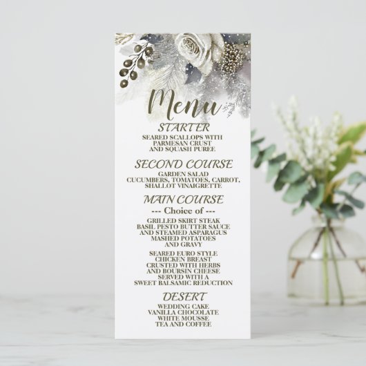 Bruiloft Zilveren Gouden Witte Rozen Bloemen Menu (Staand voorkant)