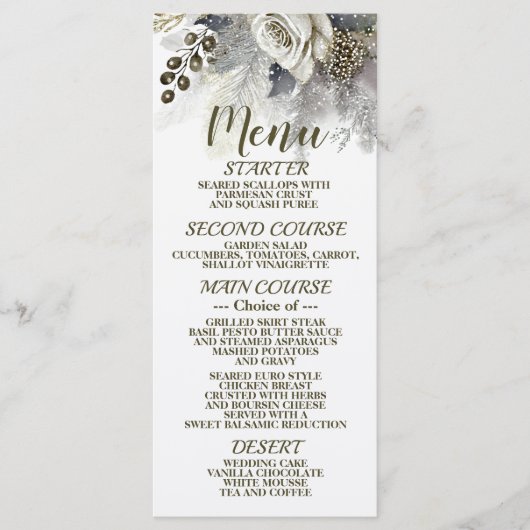 Bruiloft Zilveren Gouden Witte Rozen Bloemen Menu (Voorkant)