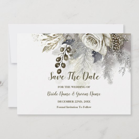 Bruiloft Zilveren Gouden Witte Rozen Bloemen Save The Date (Voorkant)