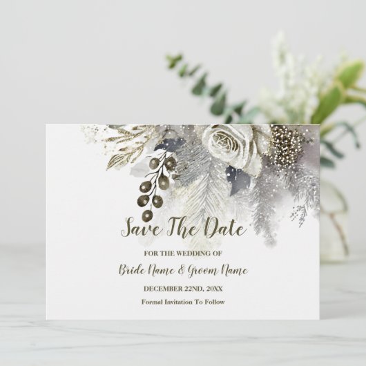 Bruiloft Zilveren Gouden Witte Rozen Bloemen Save The Date (Staand voorkant)