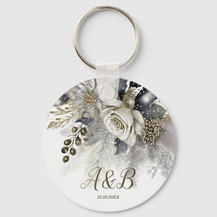 Bruiloft Zilveren Gouden Witte Rozen Bloemen Sleutelhanger