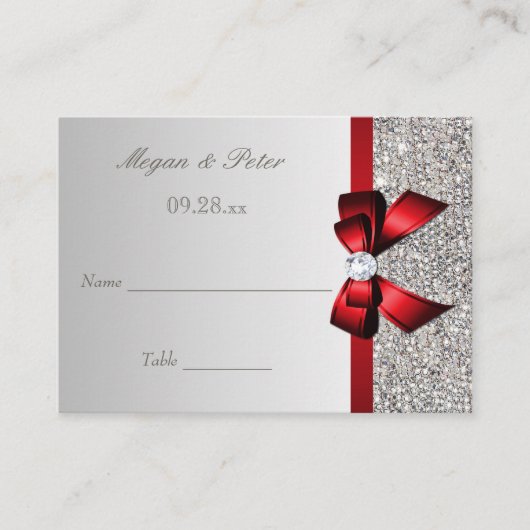 Bruiloft Zilveren Sequin Rode Bow Zitplaatsen Kaar Plaatskaartje (Voorkant)