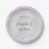 Bruiloft zilveren violette fonkels namen papieren bordje (Voorkant)