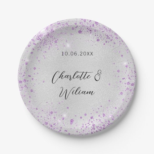 Bruiloft zilveren violette fonkels namen papieren bordje (Voorkant)