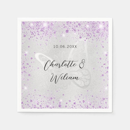Bruiloft zilveren violette glinstert vlinder servet (Voorkant)